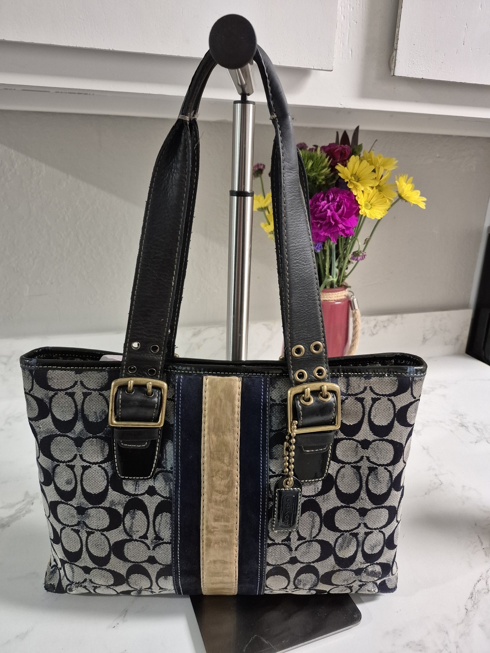 Vintage Y2k Coach Signature Canvas Tote with Navy Leather Straps